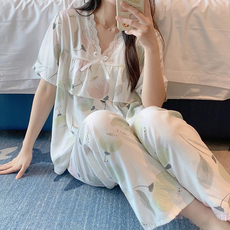 Short-sleeved Trousers Cotton and Silk Pajamas Women's Summer Thin Suit Japanese Sweet Anti-bumps Can Be Worn Outside Cotton Silk Loungewear