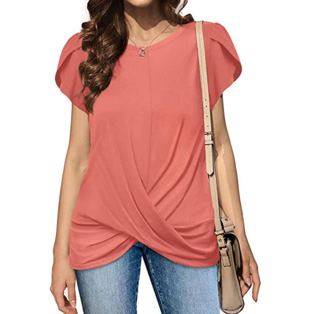 Women's Solid Color Twist Knot Crew Neck Short Sleeve T-Shirt, Popular Casual Top for European American Women Crossborder Fashion