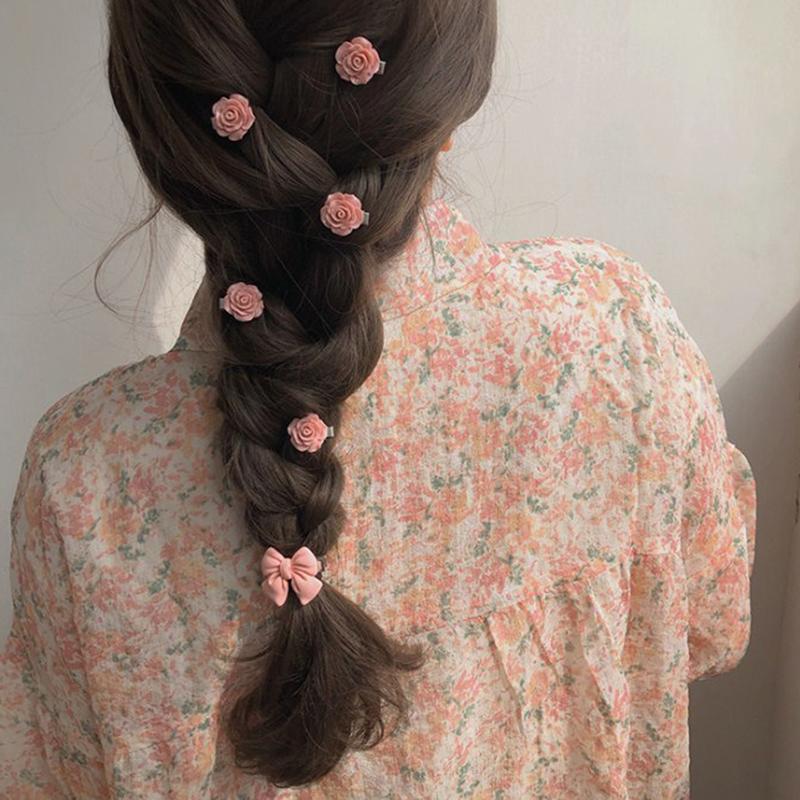 5Pcs So Cute Girls Pink Rose Flower Heart Bow Peach Mini Hairpin Set Sweet Hair