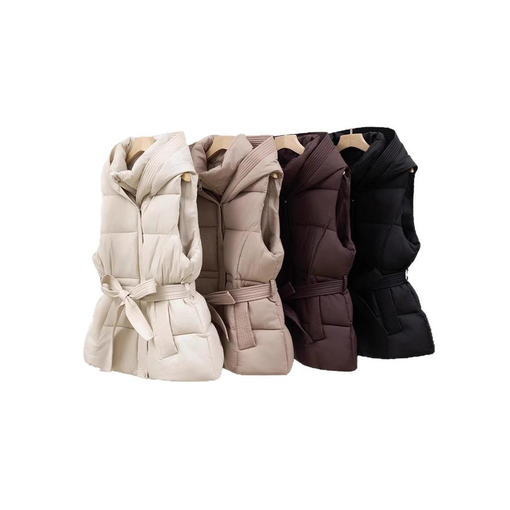 Cotton vest women's short autumn and winter new thickened cotton vest slim-fit hooded belt warm jacket