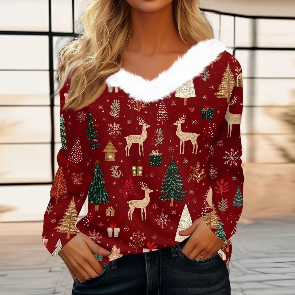 Women's T Shirt Tee Christmas Print Shirt Long Sleeve Party Christmas Fleece Collar V Neck  Top