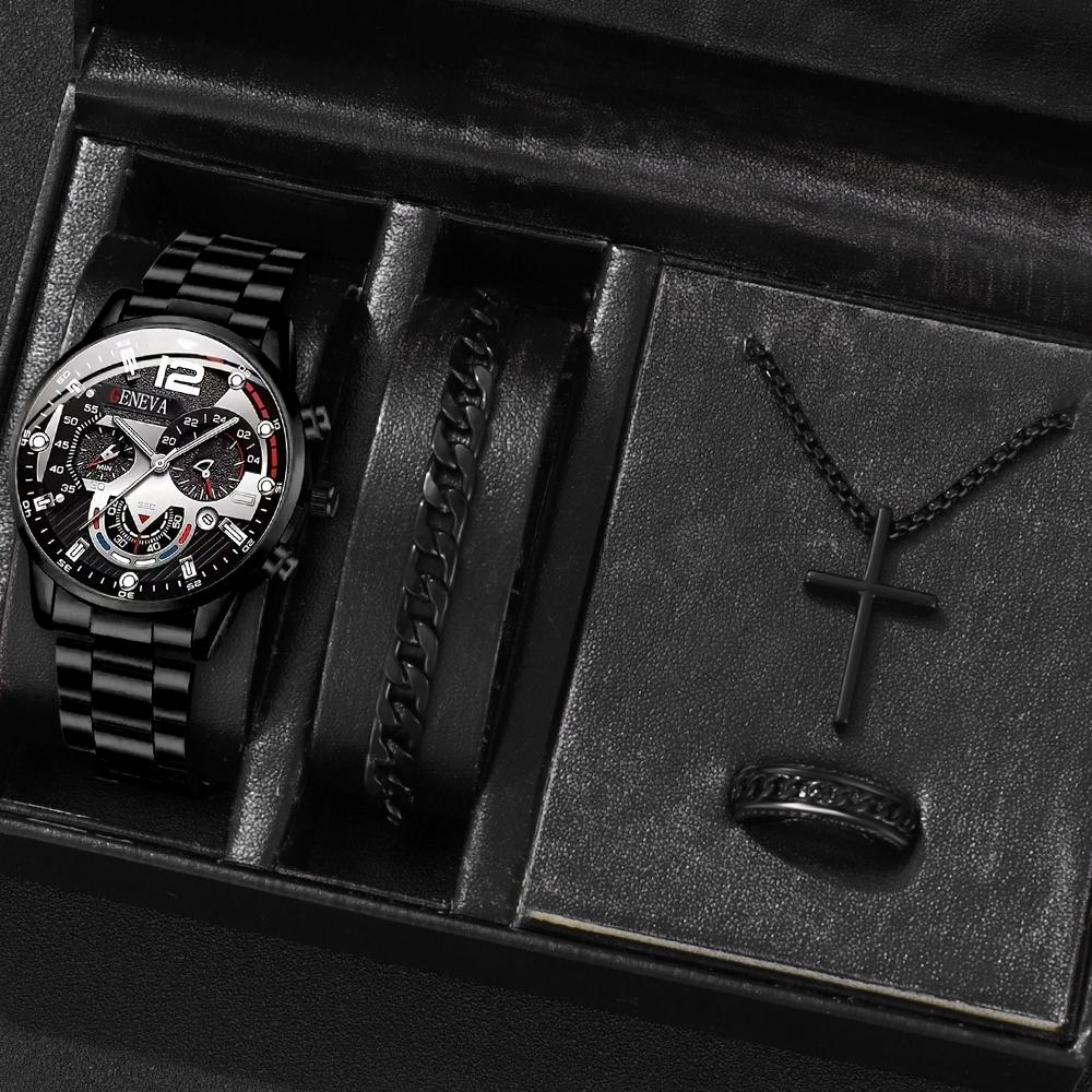 4PCS/Set Fashion Men s Stainless Steel Band Watch Casual Calendar Quartz Watch Jewelry Set