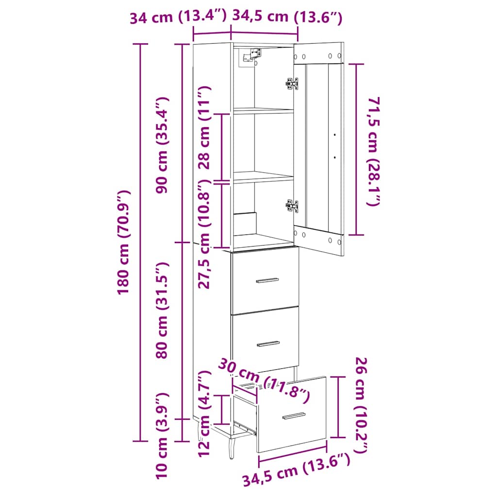 Highboard Artisan Oak 34.5 x 34 x 180 cm Particleboard
