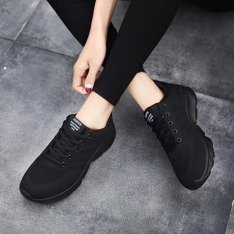 Women'S Black Breathable Knitted Sneakers Casual Lace Up Outdoor Walking Shoes Comfortable Fashionable Versatile Tennis Shoes