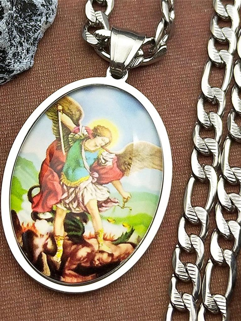 SAINT MICHAEL PROTECT US Archangel Glass Medal Pendant Necklace Women Men Stainless Steel Gold Color Christian Amulet Jewelry