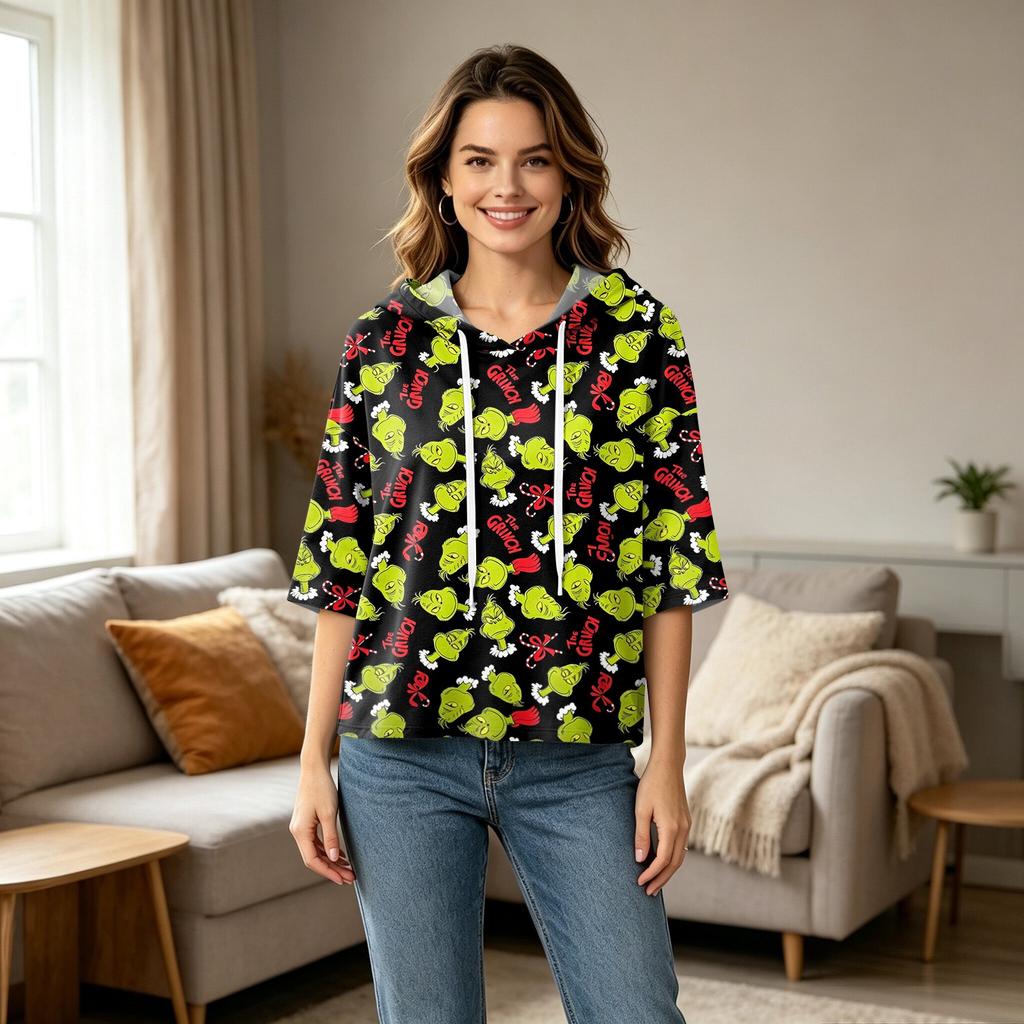 Women's Casual 3/4 Sleeve Hooded Christmas Print Top Festive Pullover T-Shirt for Holiday Outfits