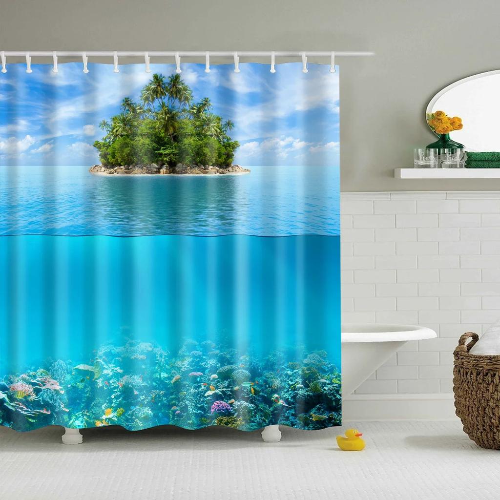 Blue Sky Beach Shower Curtain Modern Scenery Print Bathroom 3D Blackout Curtain Large 180x200cm for Bathroom