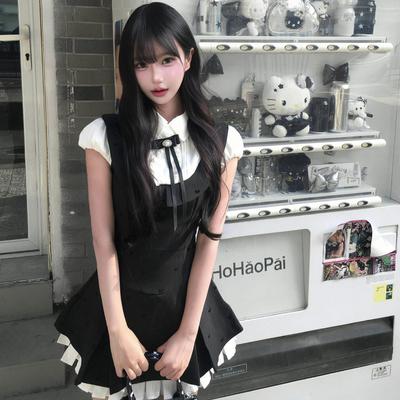 Summer Great-looking Pinched Waist Fake Two-piece College Style Dress for Women's Summer Small Daughter Miu Department Small Black Dress