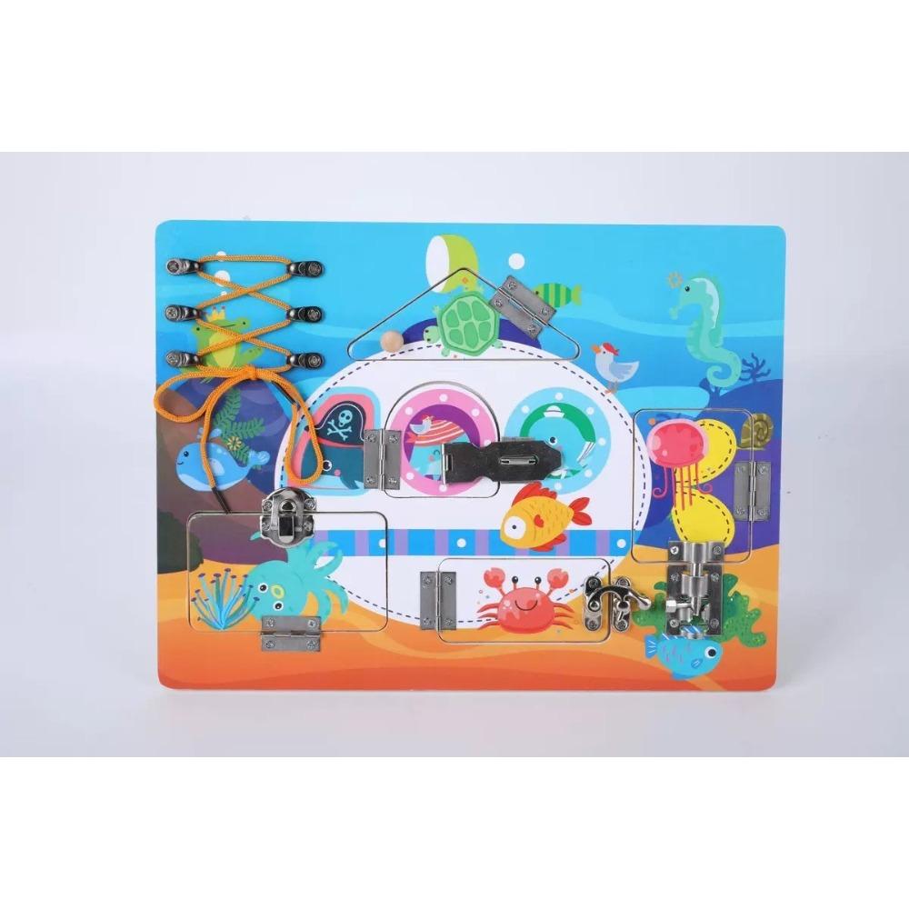 Baby Multifunktionales Holz-Beschäftigungsbrett Entriegeln und Einfädeln von Seilen Hand-Auge-Koordination Lebenskompetenztraining Lernspielzeug