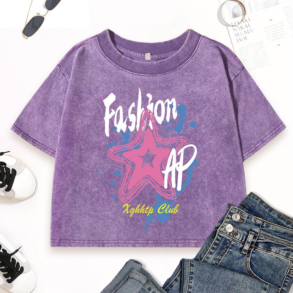 Graffiti Fashion Star Pentagram Prints Washed T Shirts Woman Street Fashion T-Shirt Cotton Clothing