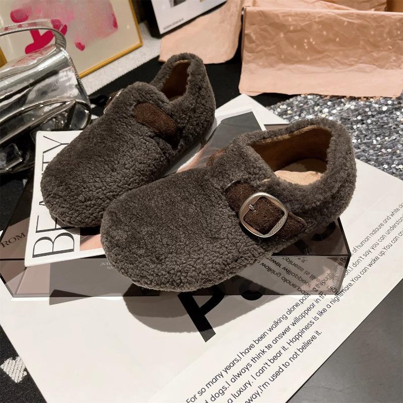 

Fashion European Metal Button Lazy Slip-on Fleece Cotton Shoes Fluffy Flat Shoes Loafers 40 серый