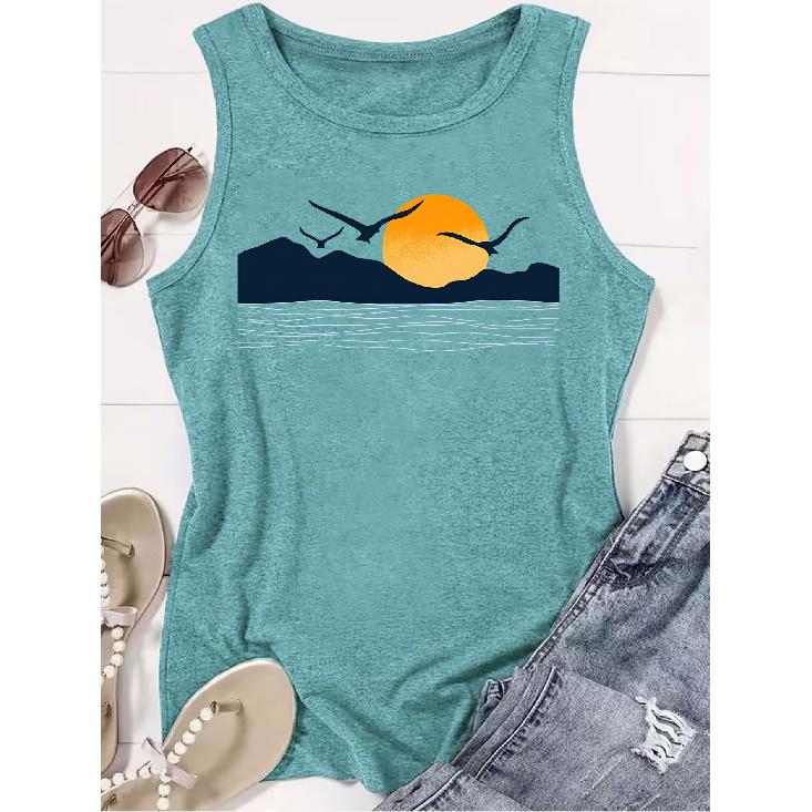 2026 New Sunset Seabird Landscape Print Round Neck Women Sleeveless Vest Soft Versatile Casual Summer Tank Top