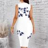 Women Plus Size Sleeveless Round Neck Midi Bodycon Dress White Base Red Rose Floral Print Slim Fitted Dress