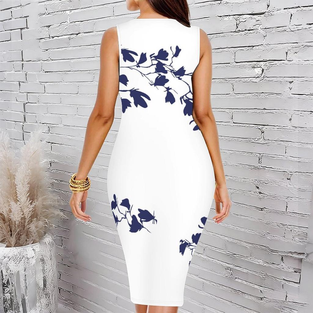 Women Plus Size Sleeveless Round Neck Midi Bodycon Dress White Base Red Rose Floral Print Slim Fitted Dress