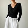 Women's Color Long Sleeve Cross Front Waist Tie Knit Top