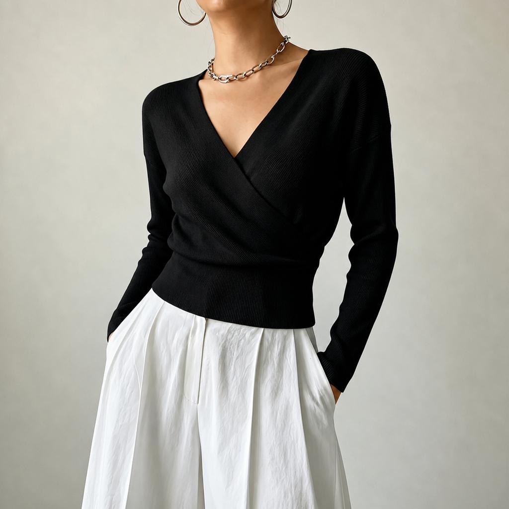 Women's Color Long Sleeve Cross Front Waist Tie Knit Top
