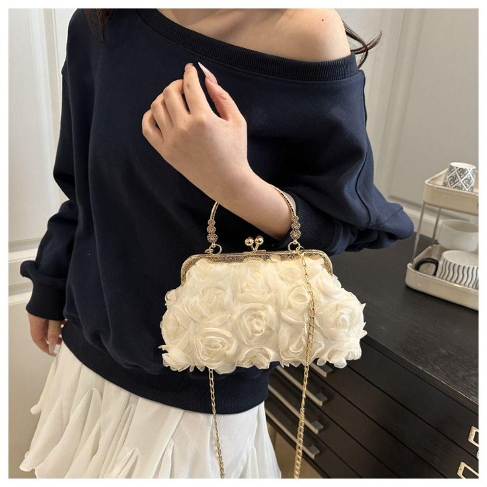 Luxury Polyester Fiber Evening Bags Chiffon 3D Flower Banquet Bag Chain Clutch Handbag Women Crossbody Bag