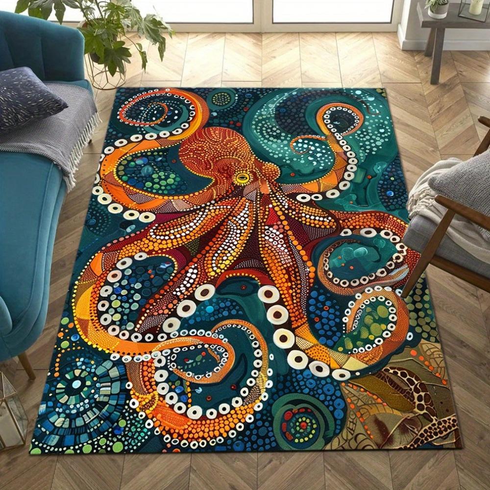 Vintage Octopus Design Area Rug - 100% Polyester, Non-Slip, Fade-Resistant, Hand Washable, Indoor Use for Living Room
