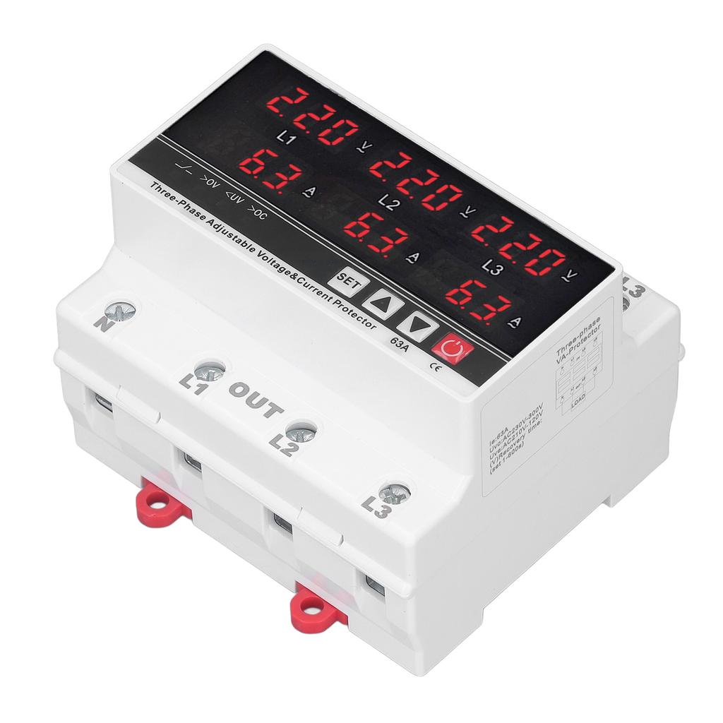 Undervoltage Protector DIN Rail Adjustable Overcurrent Protector AC120V‑300V 63A 3 Phase 3 Wire 4 Wi