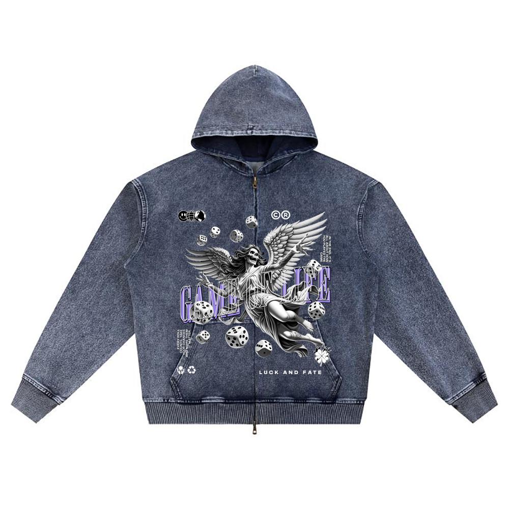 

DTG print Knitted Denim Zip-Up Hoodie Game Of Life Brother Print Zipper Hoodies XL темно-синий