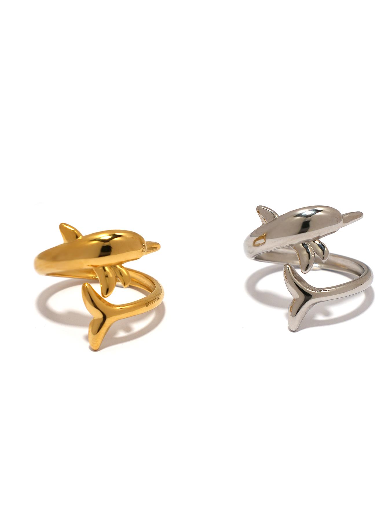 

Exquisite Dolphin Design Stainless Steel Ring 18K Gold Plated Waterproof High Quality Ladies Zircon For Daily Wear Vacation Etc resizable