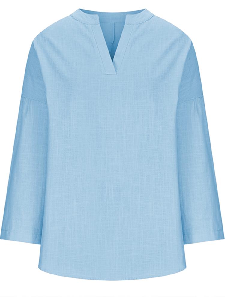 2025 Spring/summer New Large Size Female V-neck Solid Color Long-sleeved Shirt Elegant Ladies Blouse