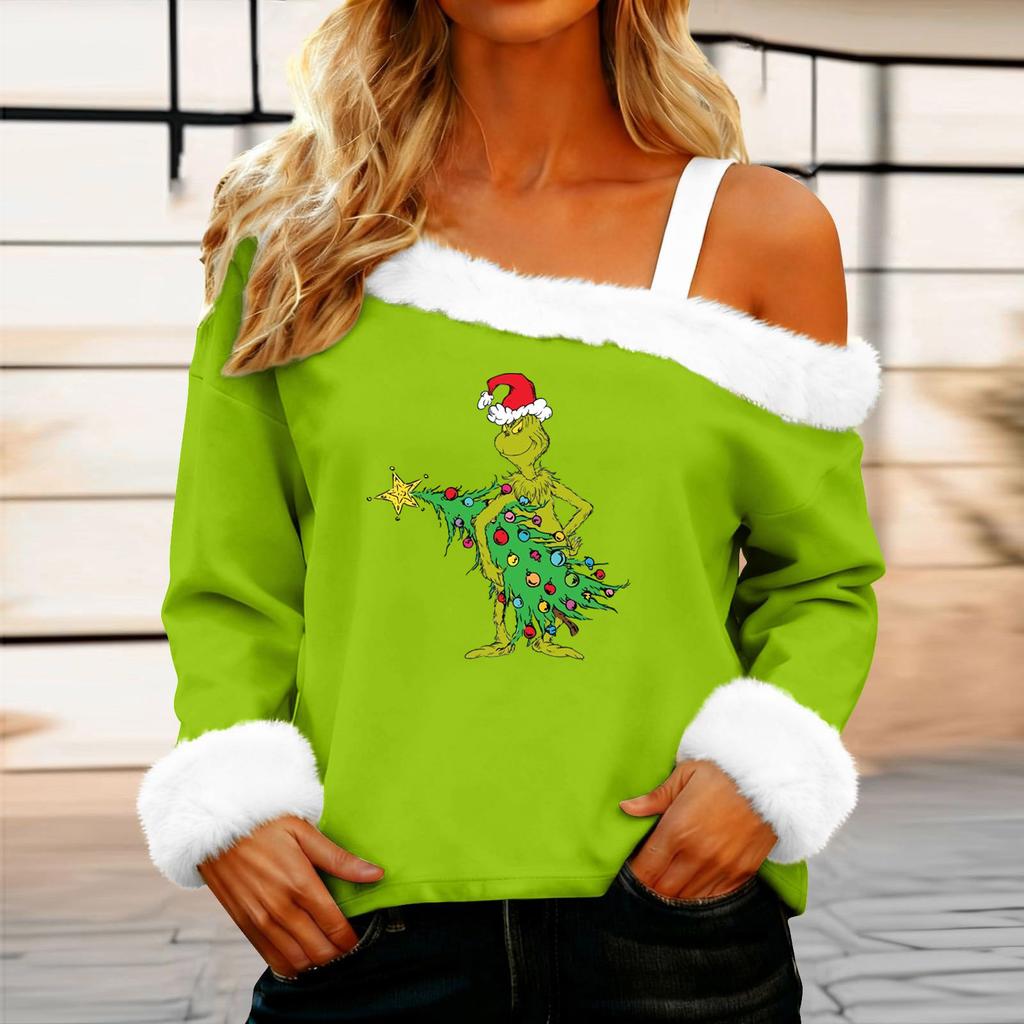 Women's Casual Fashion Sexy Off-Shoulder Collar Christmas Pattern Long Sleeve Crewneck T-Shirt Top