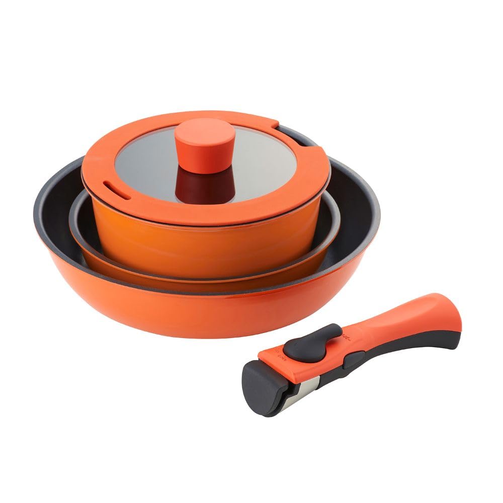 Bestco Frying Glass Induction and Gas Bestware Resistance Pan, Pot, Lid, Handle, 5-Piece Set, Compatible, Orange, NM-222,
