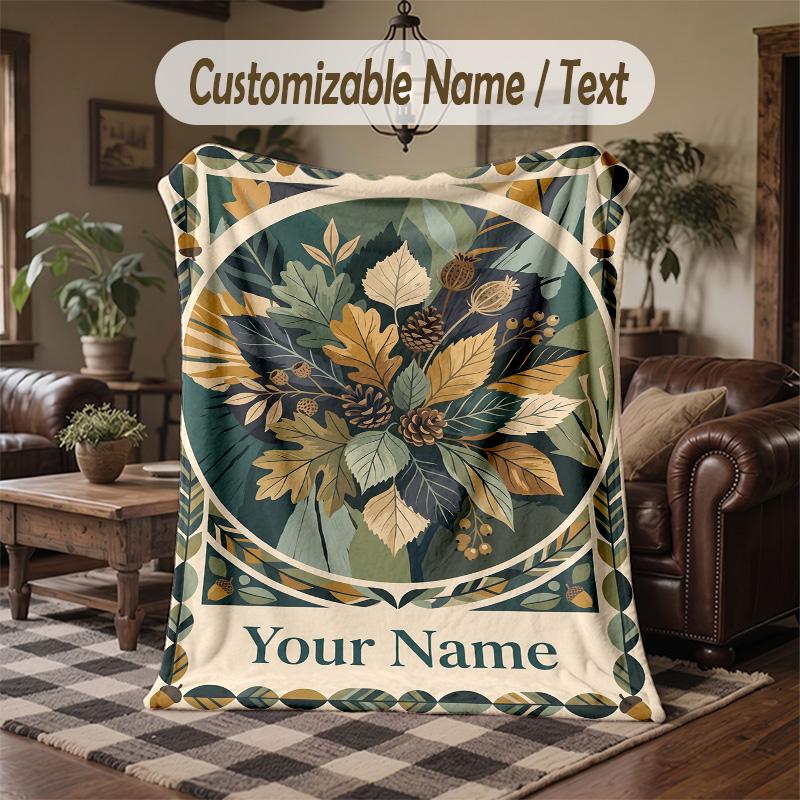 Autumnal Leaves Artwork Theme Throw Blanket Custom Name Text Personalized Blanket Soft Cozy Blanket for Home Sofa Bed