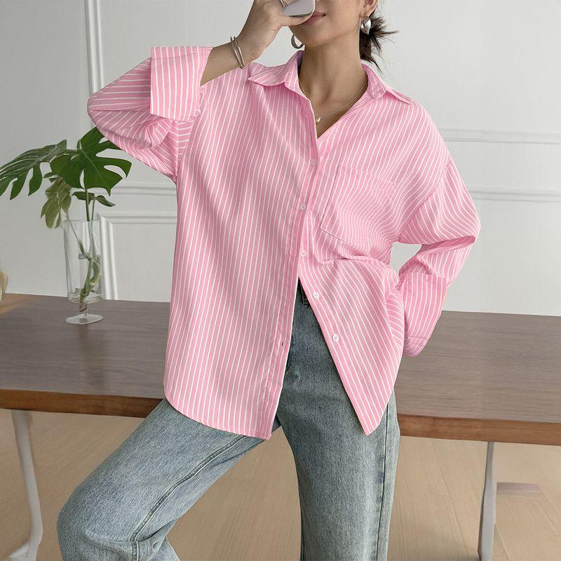 

European and American Cross-Border Casual Vacation Shirt Spring and Autumn Amazon Independent Station Fashion Stripe Long sleeve Lapel Shirts Women Pink M