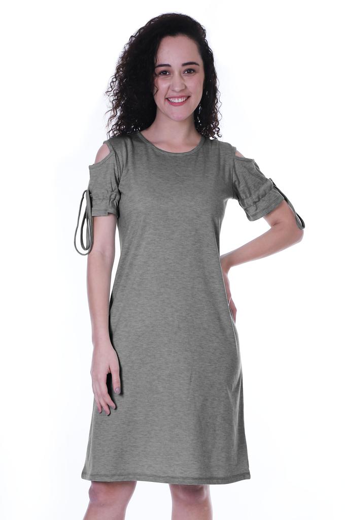Moomaya Cold Shoulder T-shirt Dress Round Neck Casual Knee Length Summer Dresses For