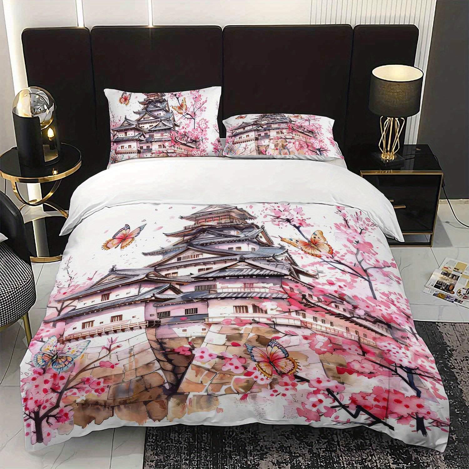 3pcs Japanese Cherry Blossom Castle Bedding Duvet Cover Set Japanese Style Bedding Quilt Set Watercolor Themed Bed Set Spring Duvet Cover Set&EU Single(135x200cm)
