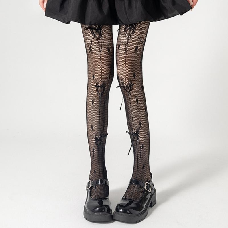 Women's Fishnet Stockings with Bowtie Girls Fish Net Tights with Designs High Waist Pantyhose Thigh High Stockings
