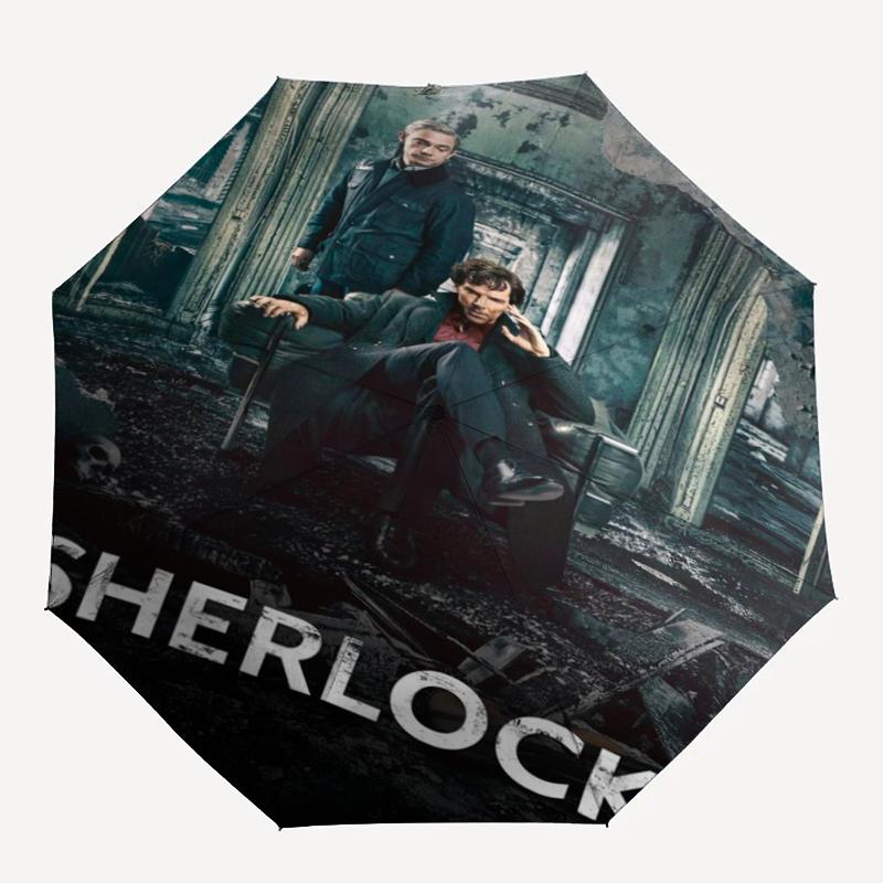 Sherlock Holmes Thema Automatischer Regenschirm, Leicht & Tragbar, 8 Speichen, Perfekt für Reisen im Freien, Geburtstage, Weihnachten, Geschenke.