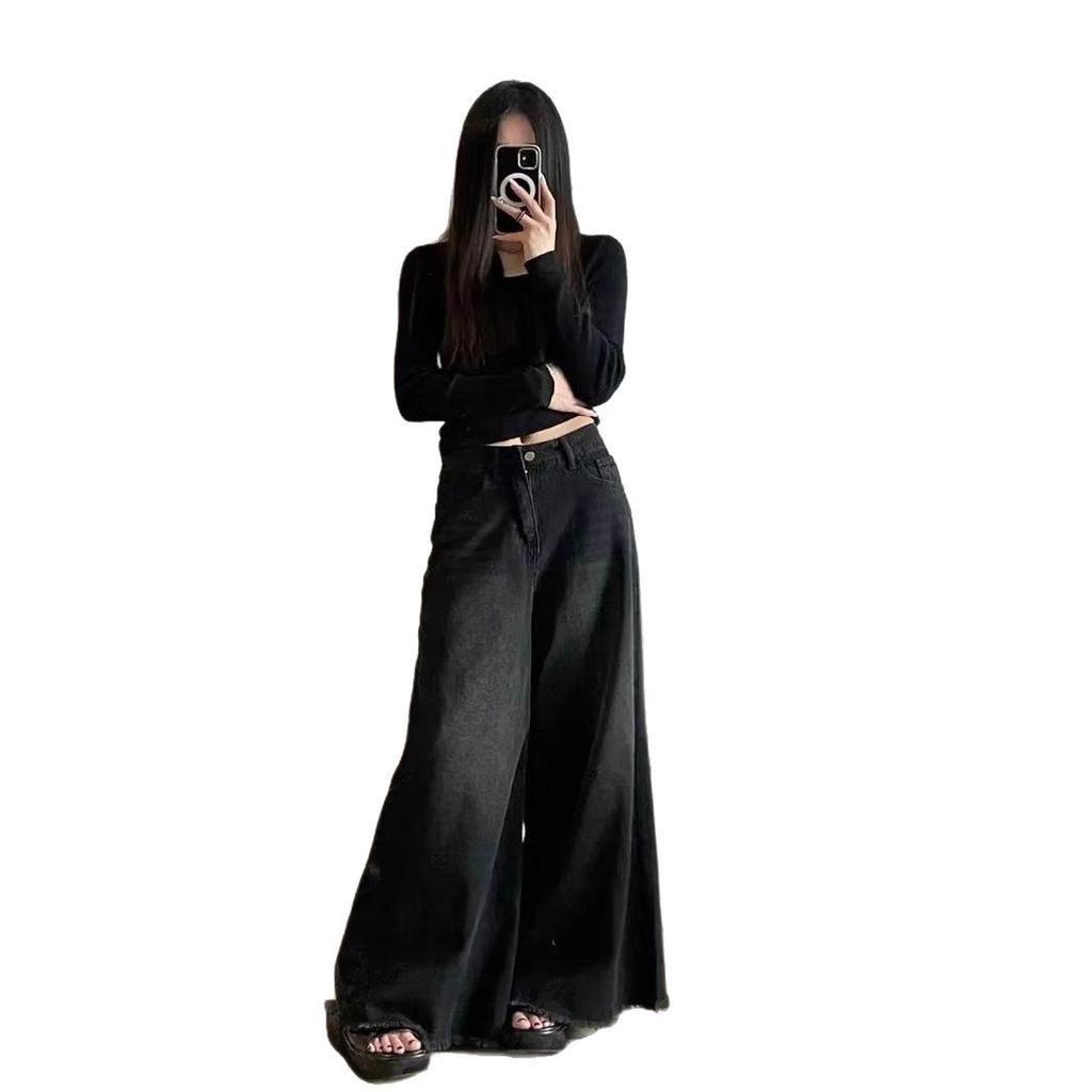 Women's Retro Black & Gray High Waist Wide-Leg Jeans - Slimming, Raw Hem, Floor-Length, Small Size