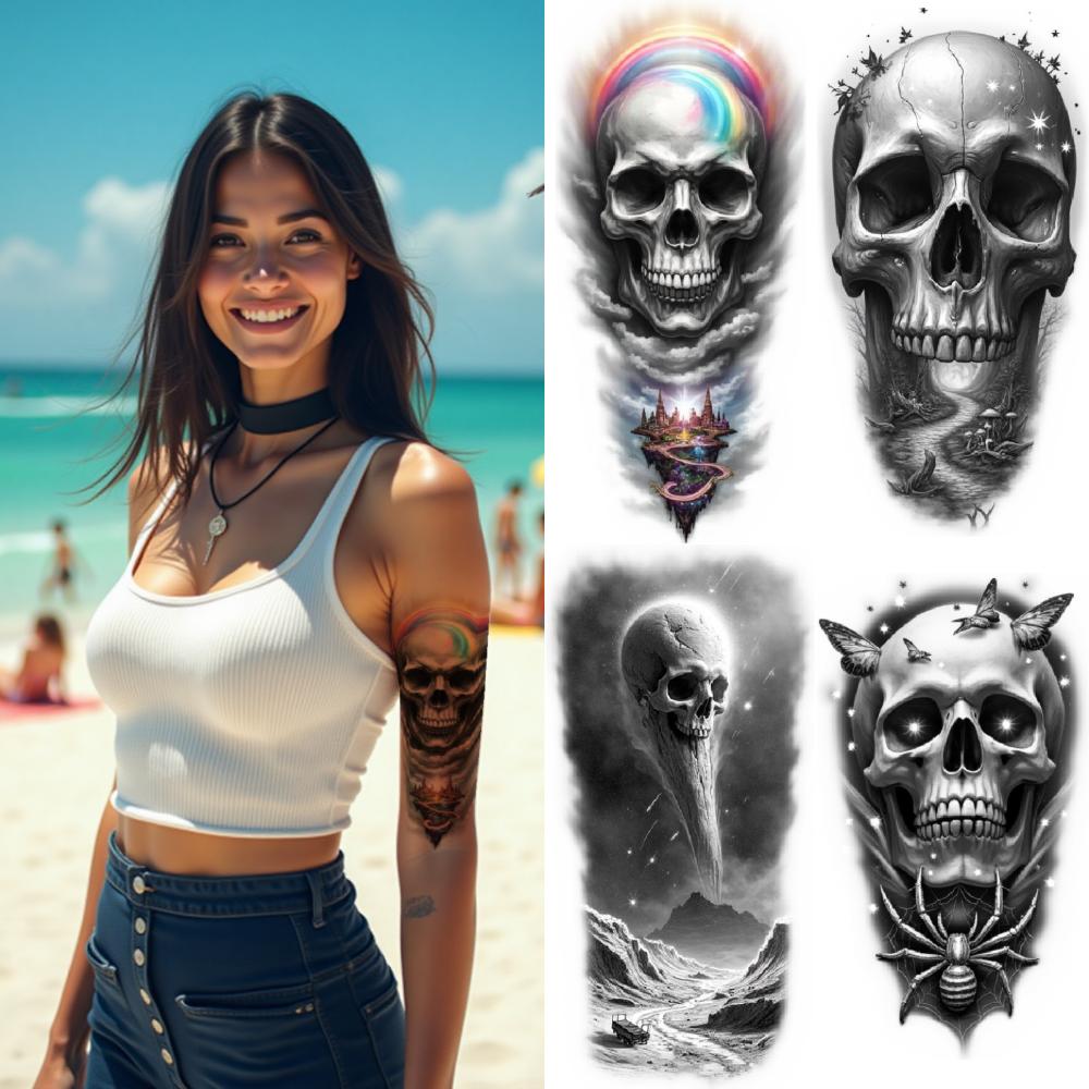 3 Stück Temporäre Tattoos Wasserdicht Langlebig Körperaufkleber Totenkopf mit Krähe Totenkopf mit Spinne und Portal Skelett mit Flügeln Für