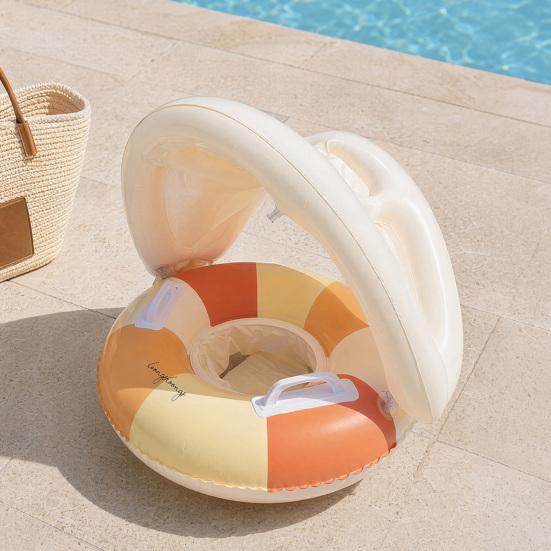 Inel de înot pentru bebeluși cu copertină detașabilă, Gonflabil cu dungi, Scaun plutitor pentru piscină cu mâner, Inel pentru piscină cu protecție solară pentru copii mici