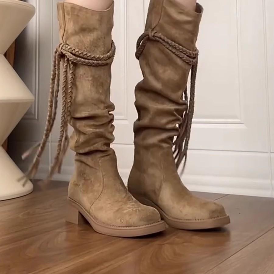 Soft leather version~ retro wasteland wind fringed knight boots thick heel but knee long boots popular pile medium boots women