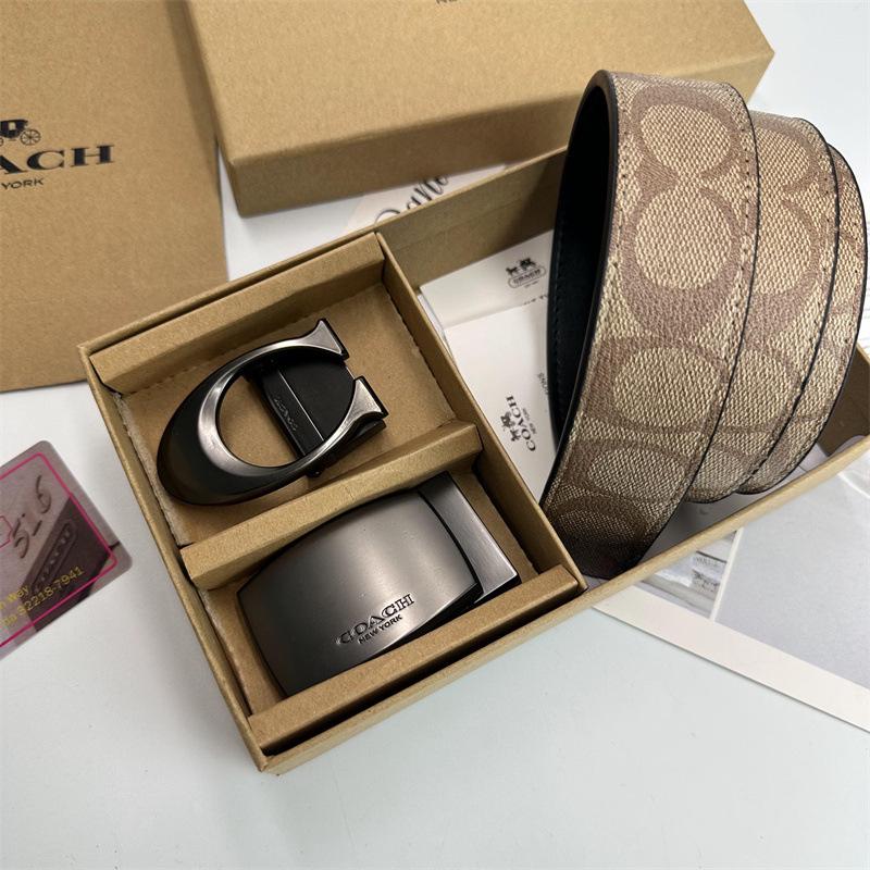 Men's Classic Double Buckle Leather Belt with C Buckle and Fabric Texture - Business Casual Trousers Accessory