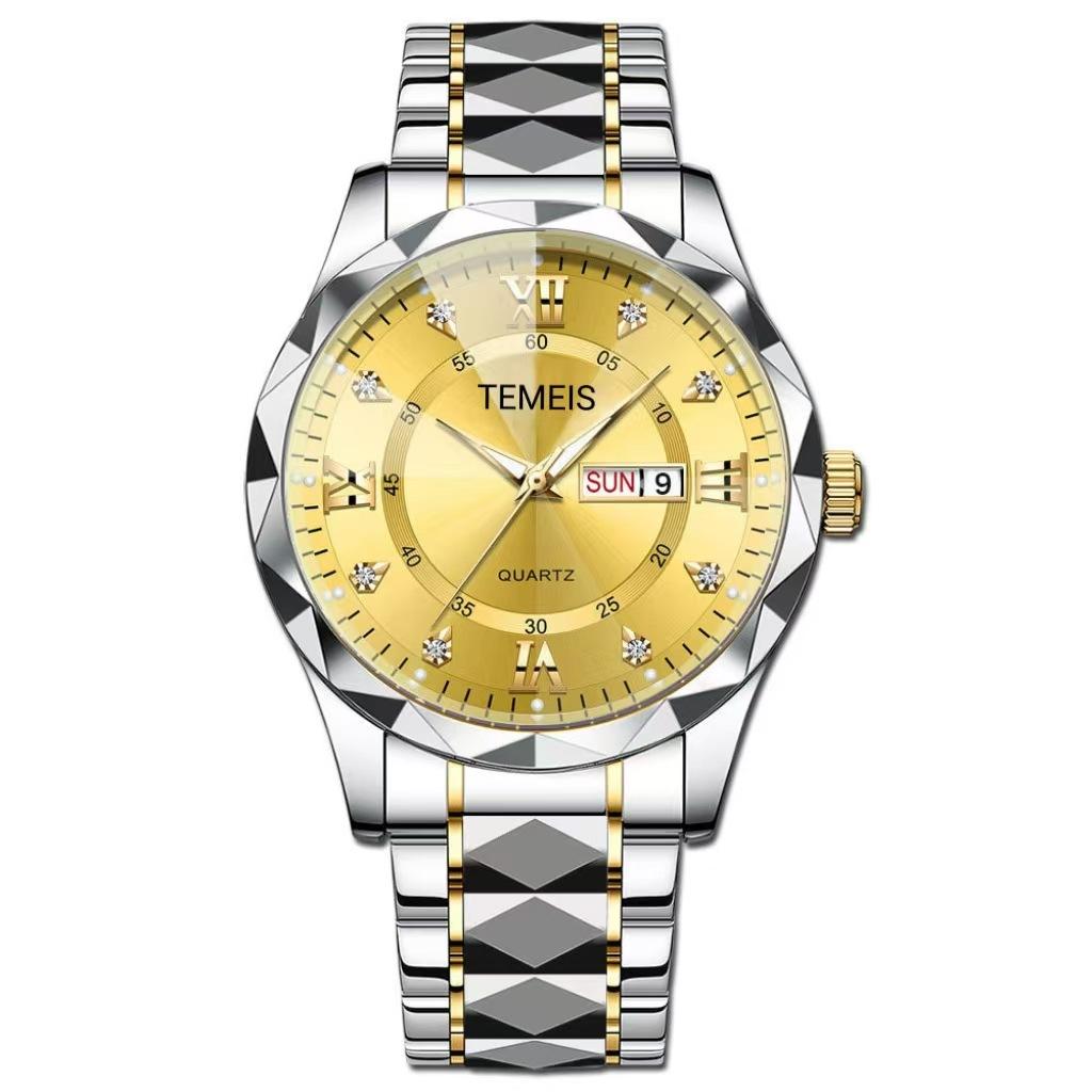 Temeis Men'S Watch Waterproof Luminous Double Calendar Men'S Quartz Watch Rhombus Glass Watch