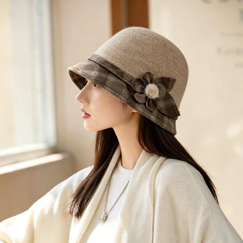 Meier Hat, women's autumn and winter new fashion plaid woolen knitted bucket hat