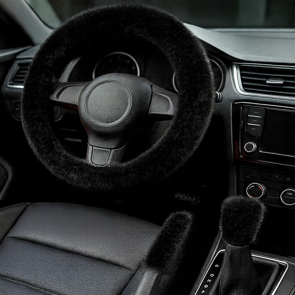 Fluffy Steering Wheel Cover 3PCS Set – Plush Fuzzy Fur Steering Wheel Cover with Gear Shift Cover & Handbrake Cover, Winter Warm Car Accessories,