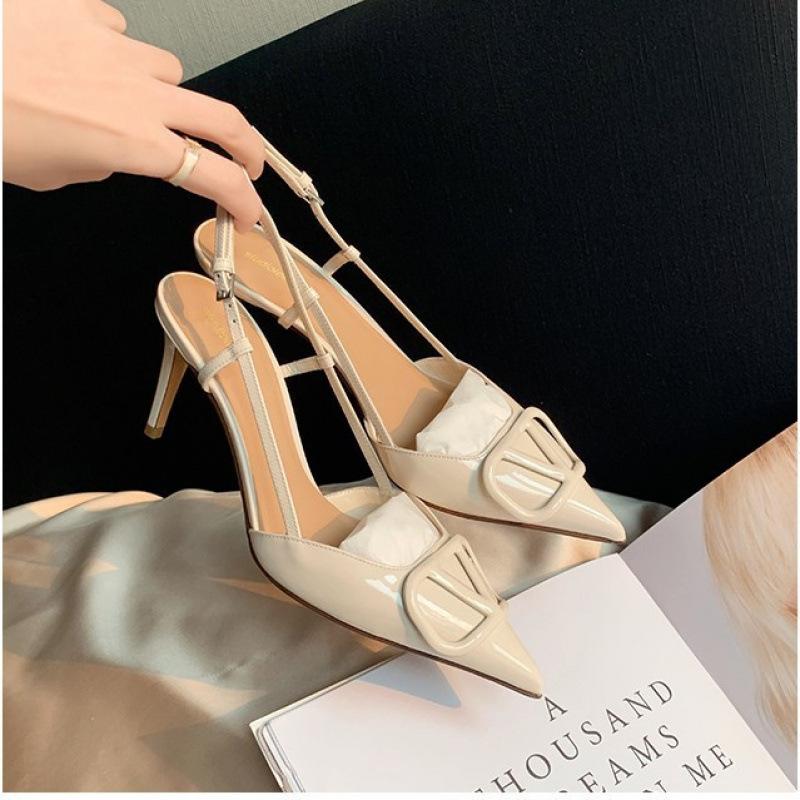 

Temperament pointed V-buckle high heels women s patent leather rear empty stiletto sandals 34