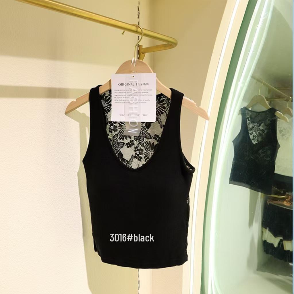 

Кружевной ажурный топ-камисоль на раннюю осень с фиксированными нагрудными вкладышами - Сексуальный универсальный жилет с U-образным вырезом One Size чёрный