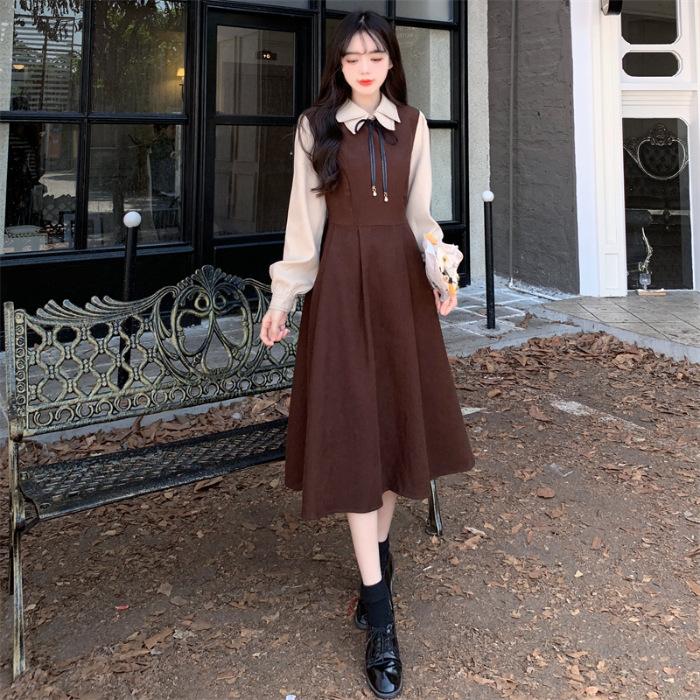 

Dress Academy style long-sleeved retro Mori skirt temperament thin French long dress women s clothing autumn and winter new S
