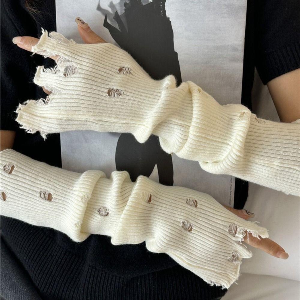 Hole Solid Color Long Mittens Harajuku Sweet Fingerless Gloves Fashion Knitted Warm Sleeves  Girls