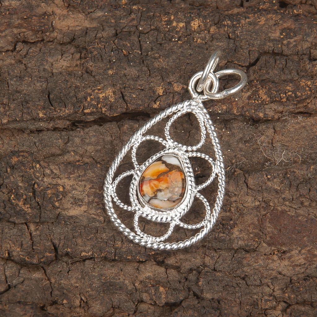 Orange Copper Turquoise 925 Solid Sterling Silver Pendant, Handmade Gemstone Pendant Jewelry, Designer Pendant For Her