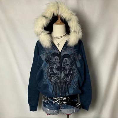 2KWEIRD European and American New Fashion Skull Letter Printing Casual Loose Sweatshirt with Harajuku Hip Hop Rock Streetwear Coats