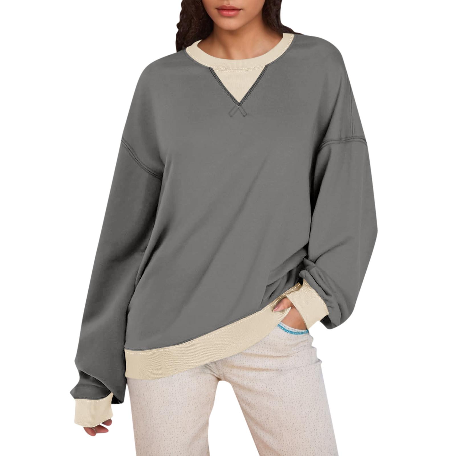 Женская толстовка большого размера с цветными блоками толстовки с длинным рукавом рубашка с круглым вырезом осенний пуловер топ модная одежда XL серый 1917₽