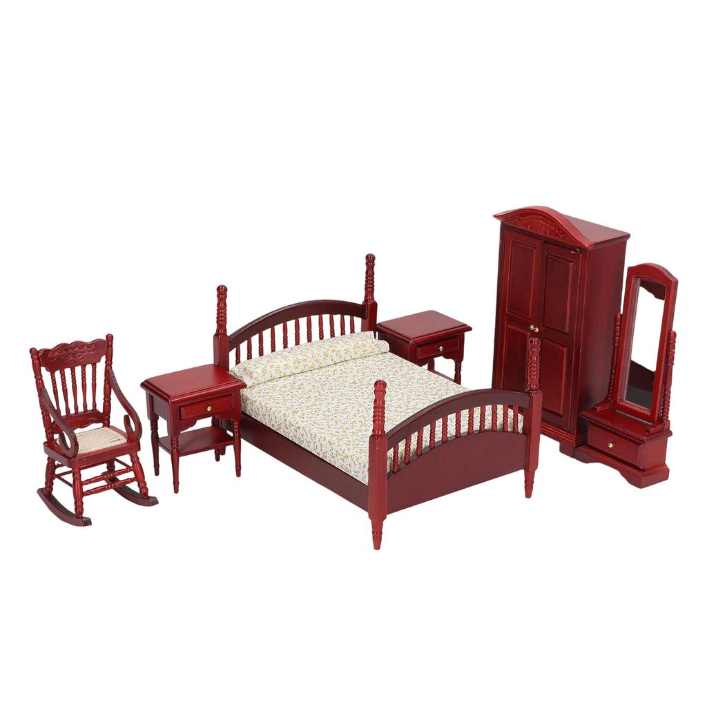 6Pcs Retro Dollhouse Bedroom Furniture Set Handcrafted Wood Miniatures for 1/12 Scale DIY Display